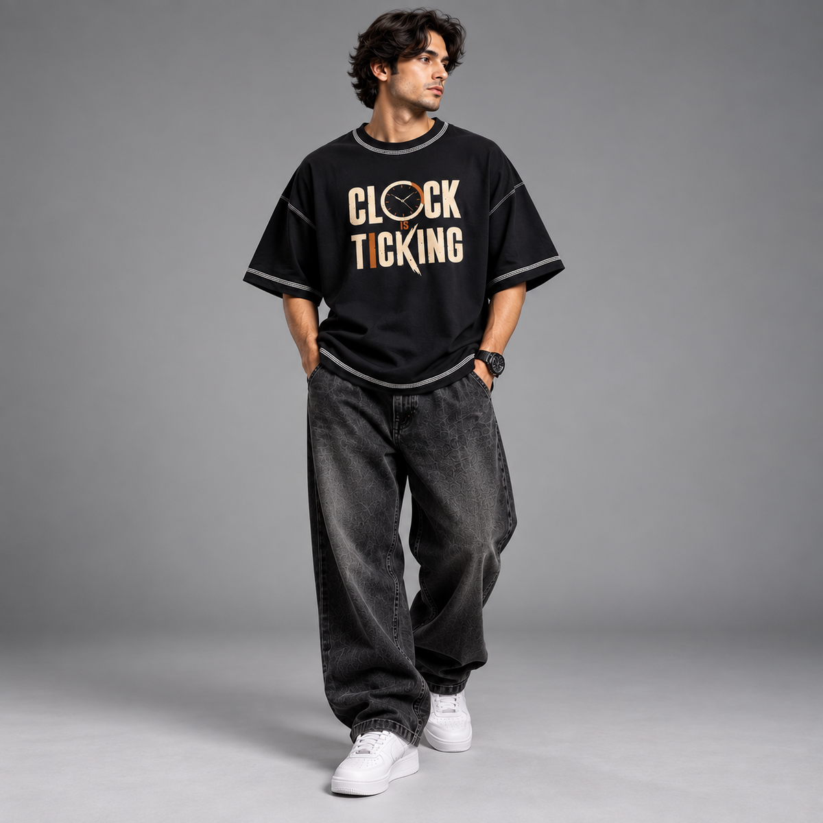 Clock Is Ticking Limited Edition oversized tee front model
