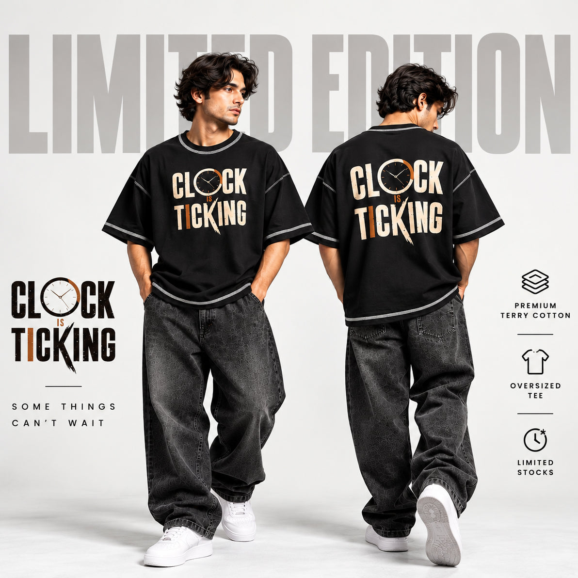 XELVN Limited Edition collection cover showing front and back views of the Clock Is Ticking oversized tee